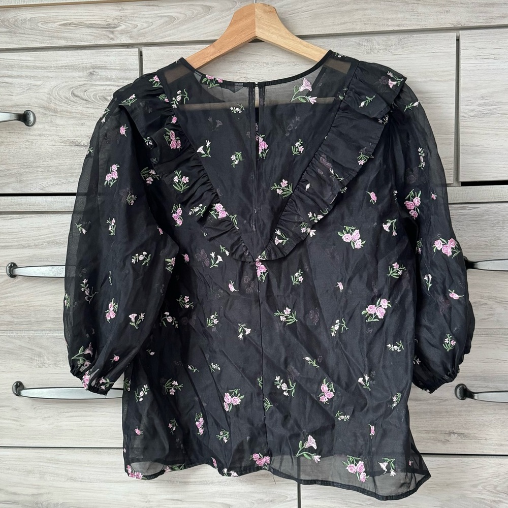 Zara sheer blouse with ruffles embroidery pink flowers Size XL
